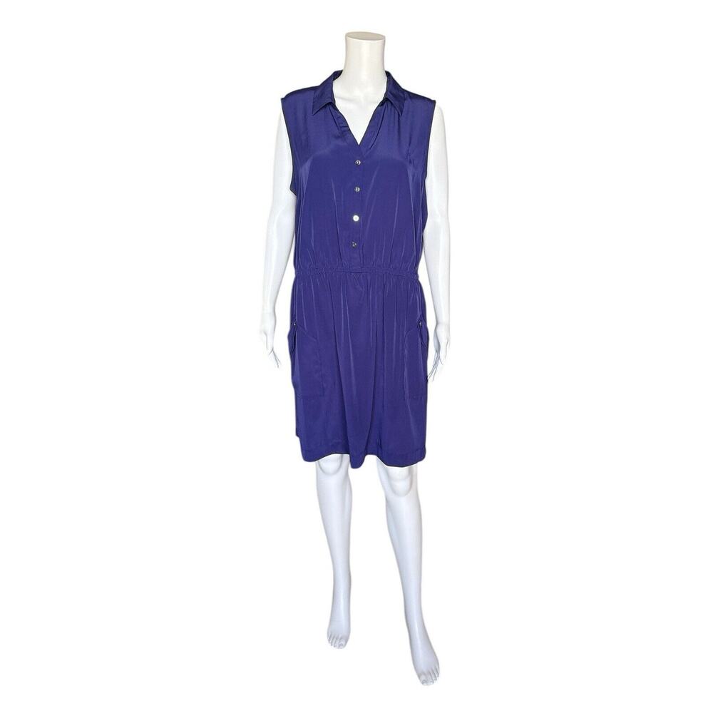 Alfani Shirt Dress Womens 16 Blue Sleeveless Collared Elastic Waist Career